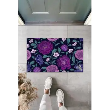 Dijital Büyük Çiçekler Mor Kapı Paspası Dış Mekan Paspas K-3067