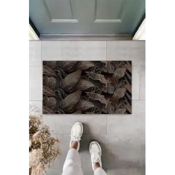 Dijital Büyük Yapraklar Siyah-Gold Kapı Paspası Dış Mekan Paspas K-3122