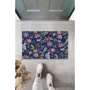 Dijital Çoklu Çiçekler Lacivert Kapı Paspası Dış Mekan Paspas K-3066