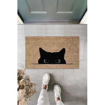 Dijital Kara Kedi Bej Kapı Paspası Dış Mekan Paspas K-3185