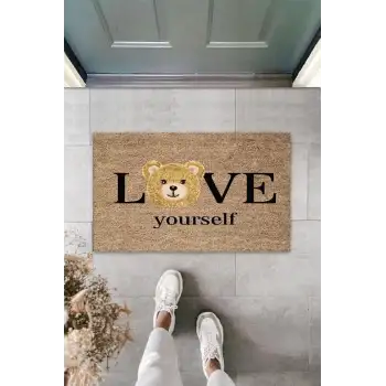 Kahverengi Kapı Önü Paspası Love Yourself Ayıcık Desen  K-3329