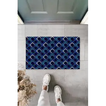 Koyu Mavi Kapı Önü Paspası Büyük Kareler Desen  K-3231