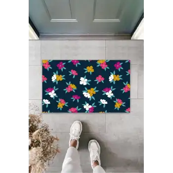 Koyu Pembe Kapı Önü Paspası Çiçekler Desen  K-3251