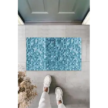 Mavi Kapı Önü Paspası Küçük Kareler Desen  K-3207