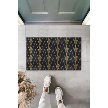 Siyah-Gold Kapı Önü Paspası Zigzag Desen  K-3209
