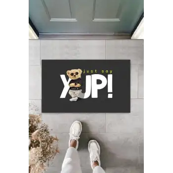 Siyah Kapı Önü Paspası Just Say Yup Ayıcık Desen  K-3340