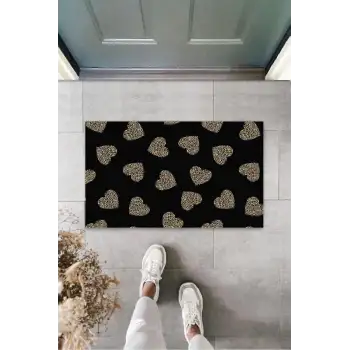 Siyah Kapı Önü Paspası Leopar Kalp Desen  K-3246