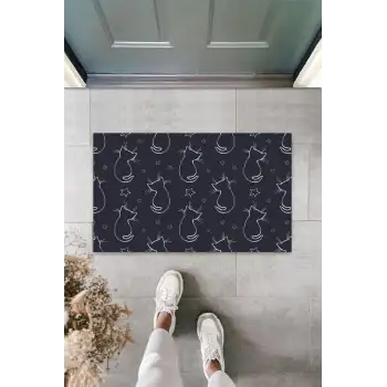 Siyah Kapı Önü Paspası Yıldızlı Kediler Desen  K-3307