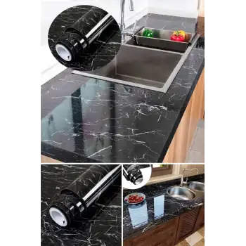 Siyah Yapışkanlı Kaplama Kağıdı Mermer Desenli Büyük Boy 5 Metre