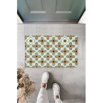 Turkuaz Kapı Önü Paspası Çiçek Desen  K-3259