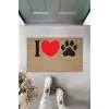 Dijital Baskı Kahverengi Kırmızı Kalpli I Love Pati Dekoratif Kapı Paspası K-2074