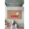 Dijital Baskı Kahverengi Kırmızı Love Yazılı Beyaz Köpek Dekoratif Kapı Paspası K-2013