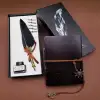 Tüylü Kalem Ve Deri Defter Set