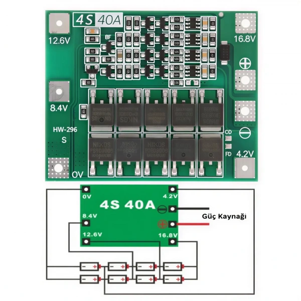 4S 40A 16.8V Li-ion Li-Po BMS Batarya Koruma Devresi Standart Versiyon