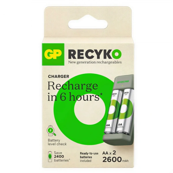 GP E221 USB Pil Şarj Cihazı + 2 Adet 2600mAh AA Şarjlı Pil Seti