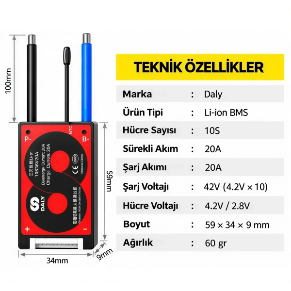 DALY 10S 20A Balanslı Li-ion BMS Batarya Koruma Devresi – NTCli