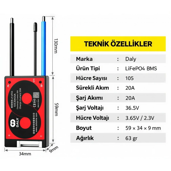 DALY 10S 20A Balanslı LiFePO4 BMS Batarya Koruma Devresi – NTCli