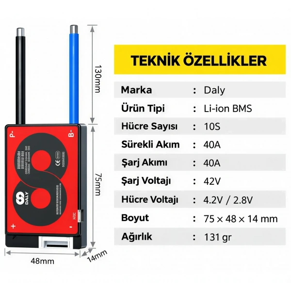 DALY 10S 40A Balanslı Li-ion BMS Batarya Koruma Devresi – NTCli
