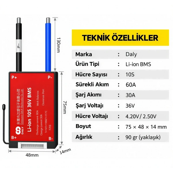 DALY 10S 60A Balanslı Li-ion BMS Batarya Koruma Devresi – NTCli