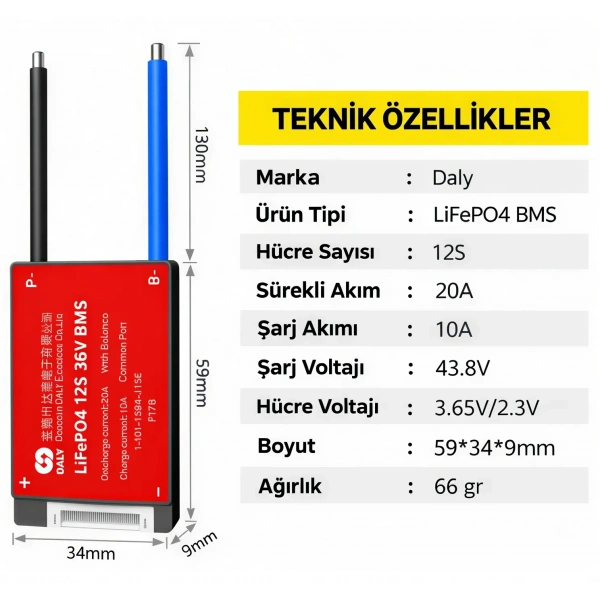 DALY 12S 20A Balanslı LiFePO4 BMS Batarya Koruma Devresi – NTCli