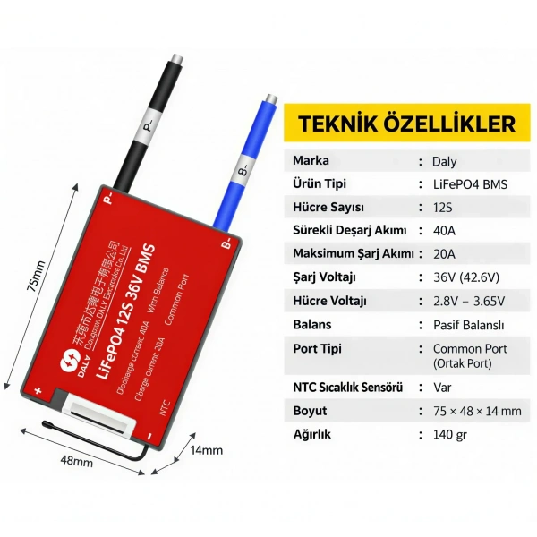 DALY 12S 40A Balanslı LiFePO4 BMS Batarya Koruma Devresi – NTCli