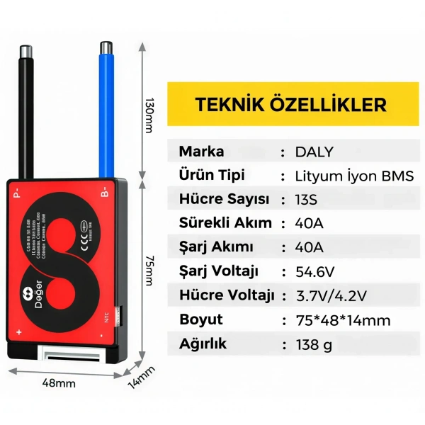 DALY 13S 40A Balanslı Li-ion BMS Batarya Koruma Devresi – NTCli