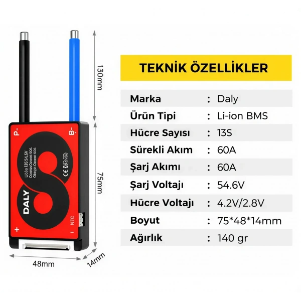 DALY 13S 60A Balanslı Li-ion BMS Batarya Koruma Devresi – NTCli