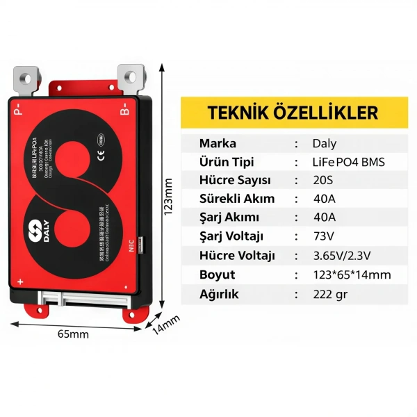 DALY 20S 40A Balanslı LiFePO4 BMS Batarya Koruma Devresi – NTCli