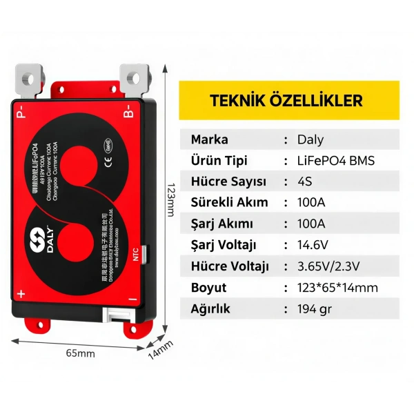DALY 4S 100A Balanslı LiFePO4 BMS Batarya Koruma Devresi – NTCli
