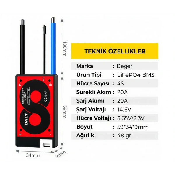 DALY 4S 20A Balanslı LiFePO4 BMS Batarya Koruma Devresi – NTCli