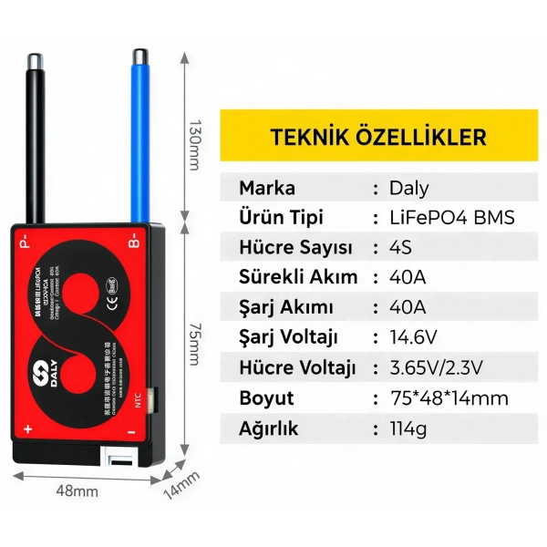 DALY 4S 40A Balanslı LiFePO4 BMS Batarya Koruma Devresi – NTCli