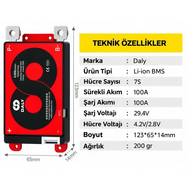 DALY 7S 100A Balanslı Li-ion BMS Batarya Koruma Devresi – NTCli