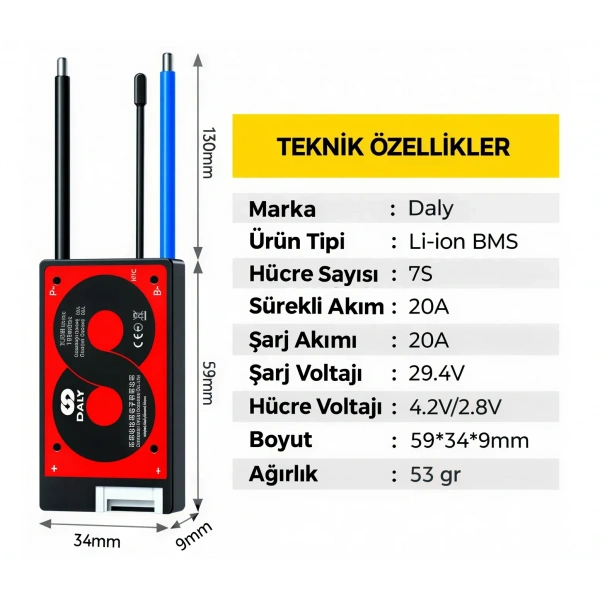 DALY 7S 20A Balanslı Li-ion BMS Batarya Koruma Devresi – NTCli