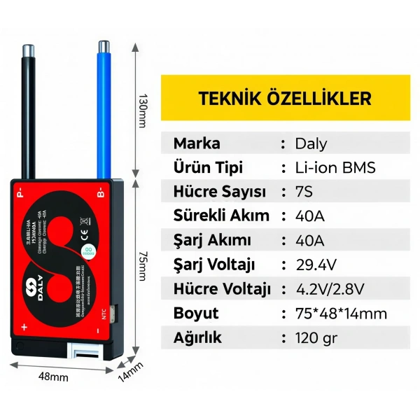 DALY 7S 40A Balanslı Li-ion BMS Batarya Koruma Devresi – NTCli