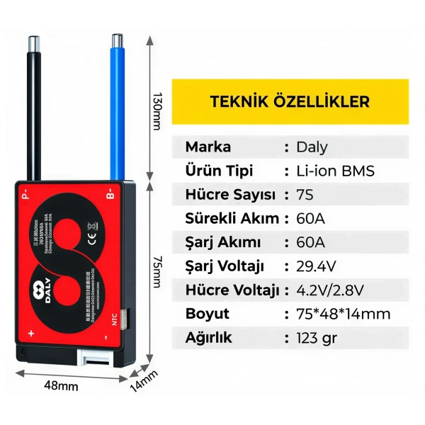 DALY 7S 60A Balanslı Li-ion BMS Batarya Koruma Devresi – NTCli