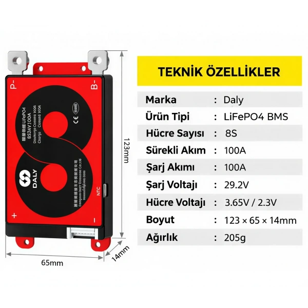 DALY 8S 100A Balanslı LiFePO4 BMS Batarya Koruma Devresi – NTCli