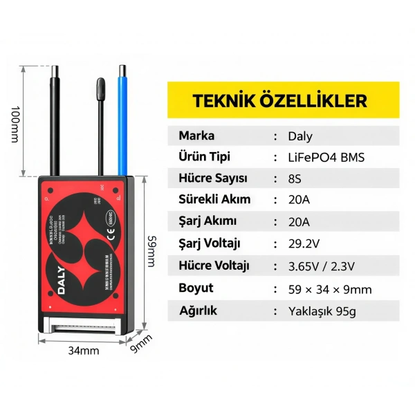 DALY 8S 20A Balanslı LiFePO4 BMS Batarya Koruma Devresi – NTCli