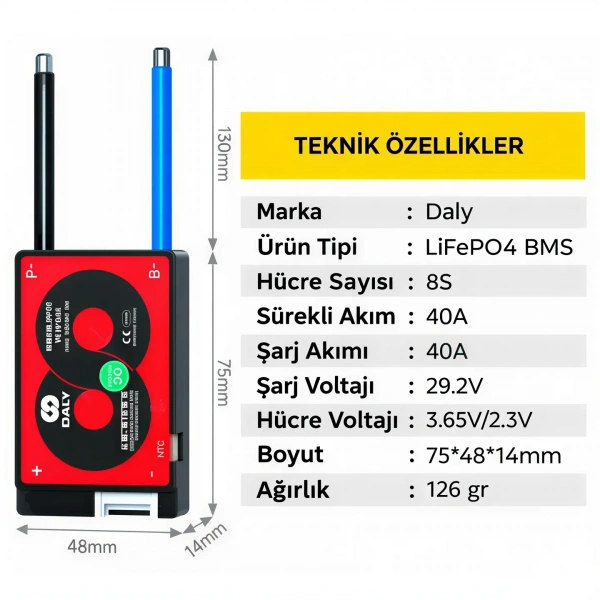 DALY 8S 40A Balanslı LiFePO4 BMS Batarya Koruma Devresi – NTCli