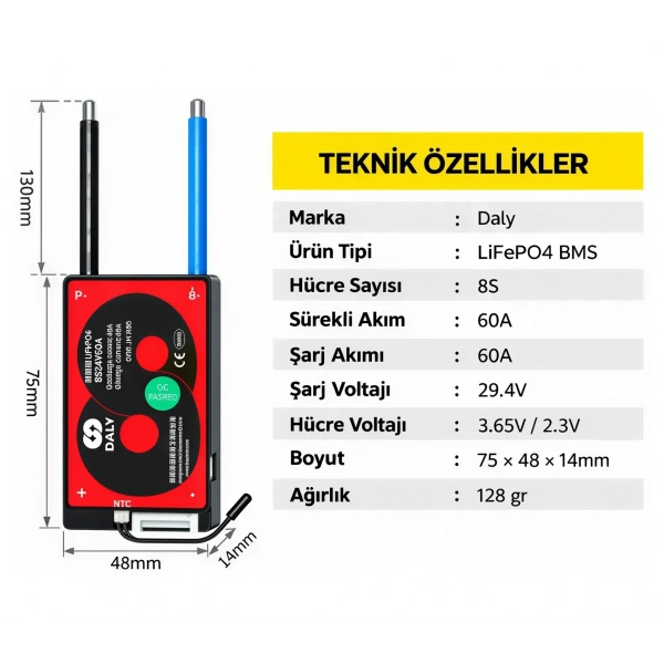 DALY 8S 60A Balanslı LiFePO4 BMS Batarya Koruma Devresi – NTCli