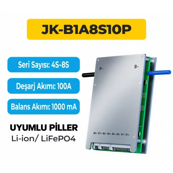 JK B1A8S10P 4S-8S 100A 1A Aktif Balanslı Smart BMS Batarya Koruma Devresi