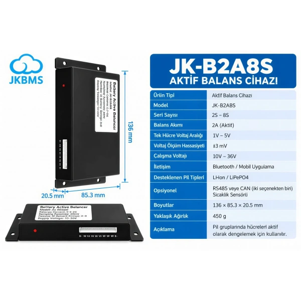 JK B2A8S 2S-8S 2A Bluetooth Smart BMS Aktif Balans Cihazı
