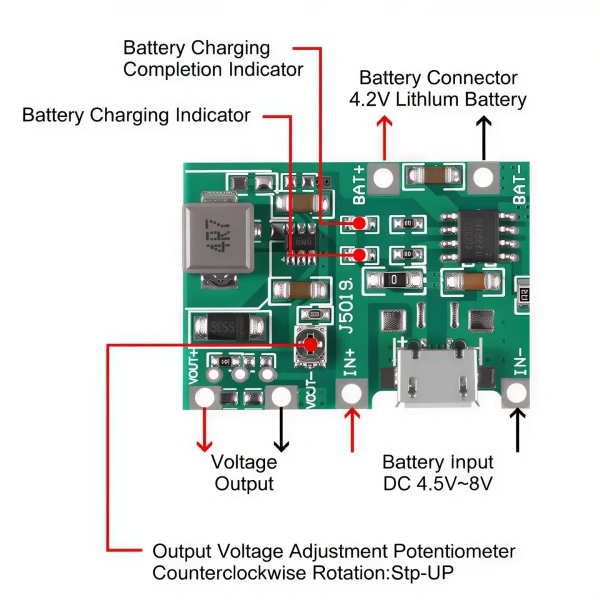 TP4056 1S 1A Micro USB Li-ion Li-Po Pil Şarj ve Voltaj Yükseltici Modülü