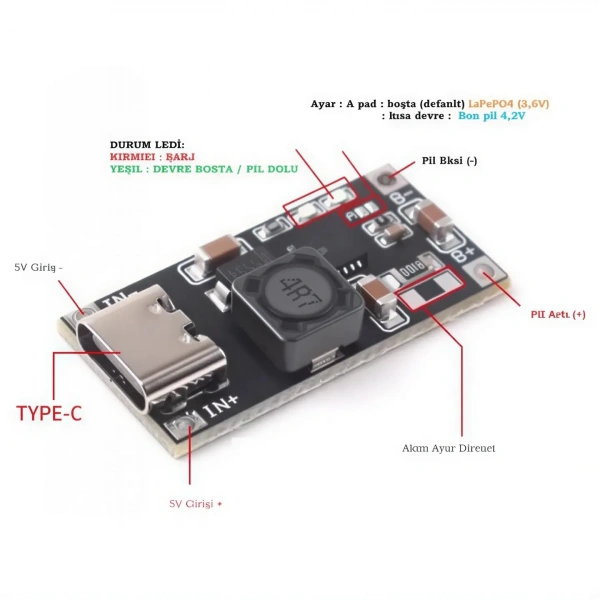 TP5000 3.6V/4.2V 1A Type-C Li-ion Li-Po LiFePO4 Pil Şarj Modülü
