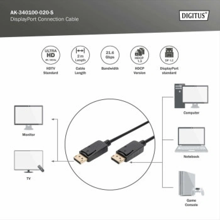 Digitus AK-340100-020-S 2m DisplayPort Kablo