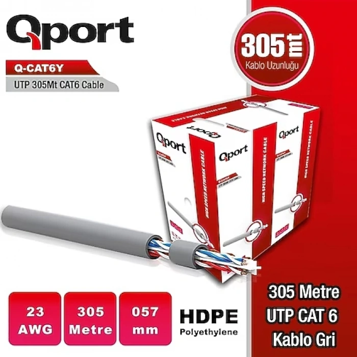 Qport Q-CAT6Y 305M UTP 23Awg PE Network Ağ Kablosu Gri
