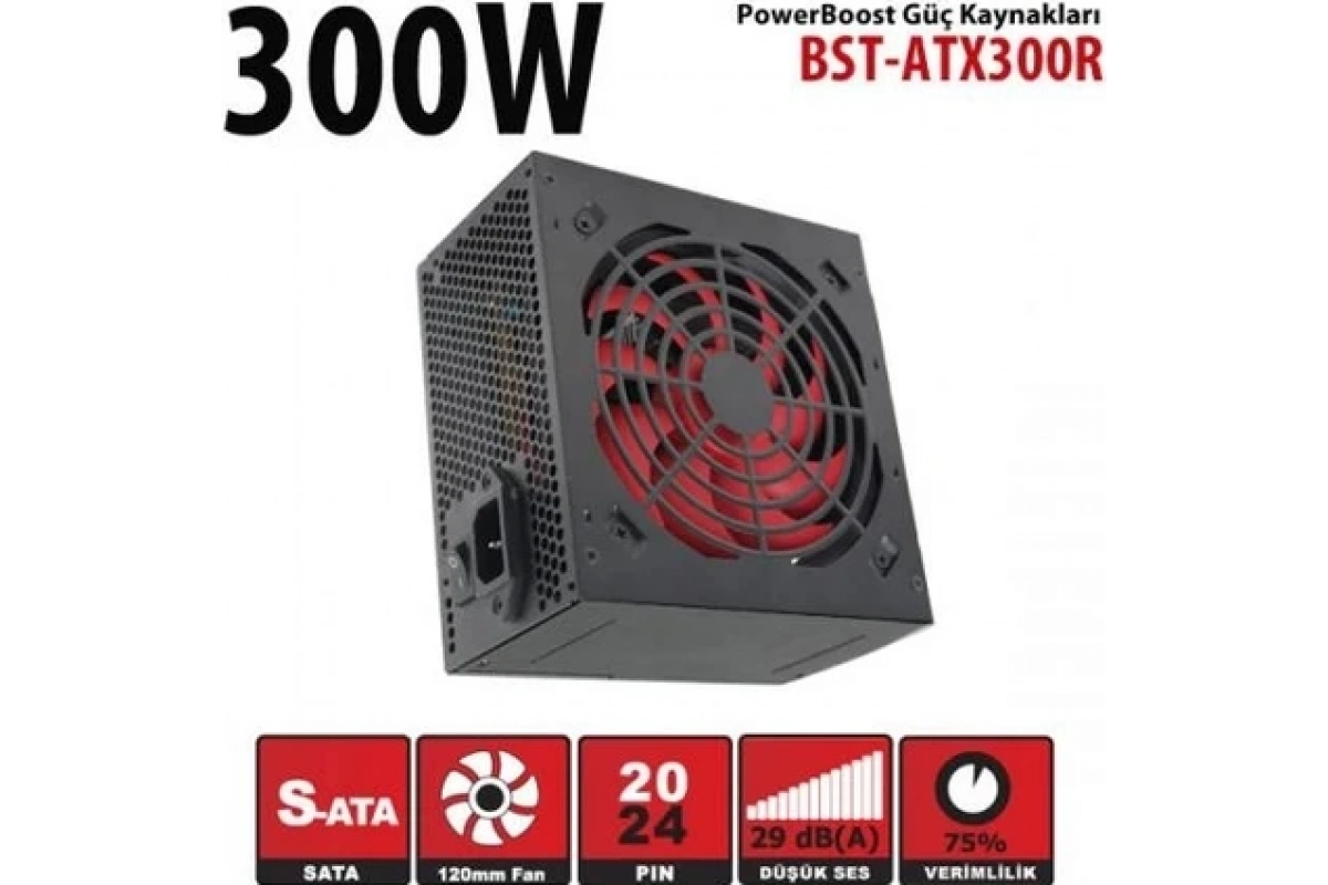 PowerBoost BST-ATX300R 300w, PPFC 12cm Kırmızı Fanlı ATX PSU (Retail Box) Güç Kaynağı
