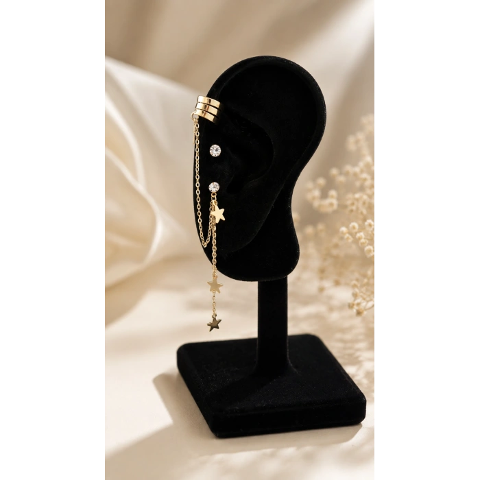 Gold Yıldız Kıkırdaklı Küpe Seti