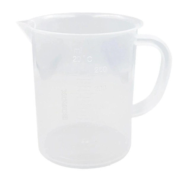 Kulplu Plastik Beher 250 mL - Kabartma Dereceli Beaker - Ölçü Kabı - 12 Adetlik Toptan Set