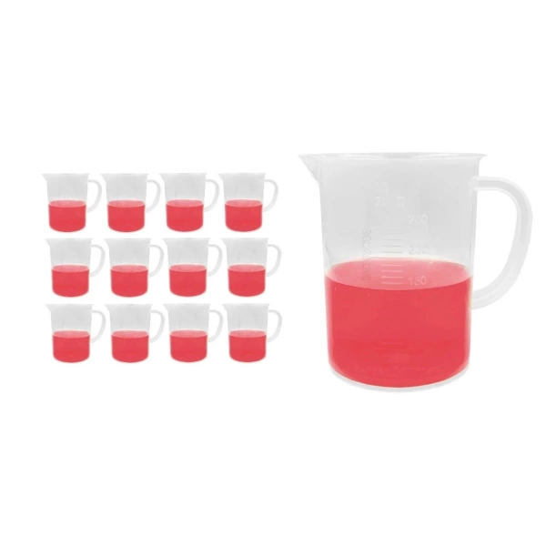 Kulplu Plastik Beher 250 mL - Kabartma Dereceli Beaker - Ölçü Kabı - 12 Adetlik Toptan Set