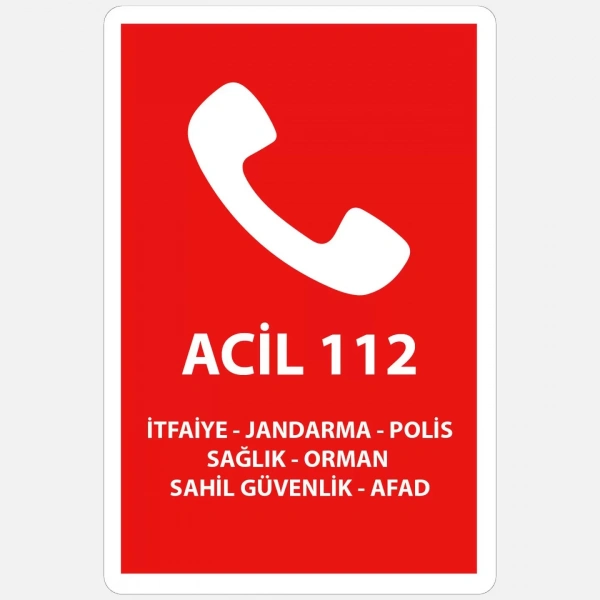 112 Acil Önemli Telefonlar Levhası 16x24 cm - 1mm Beyaz Foreks Uyarı Levhası